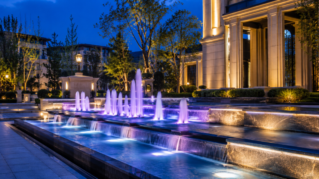 Fuente ornamental de noche con luces LED